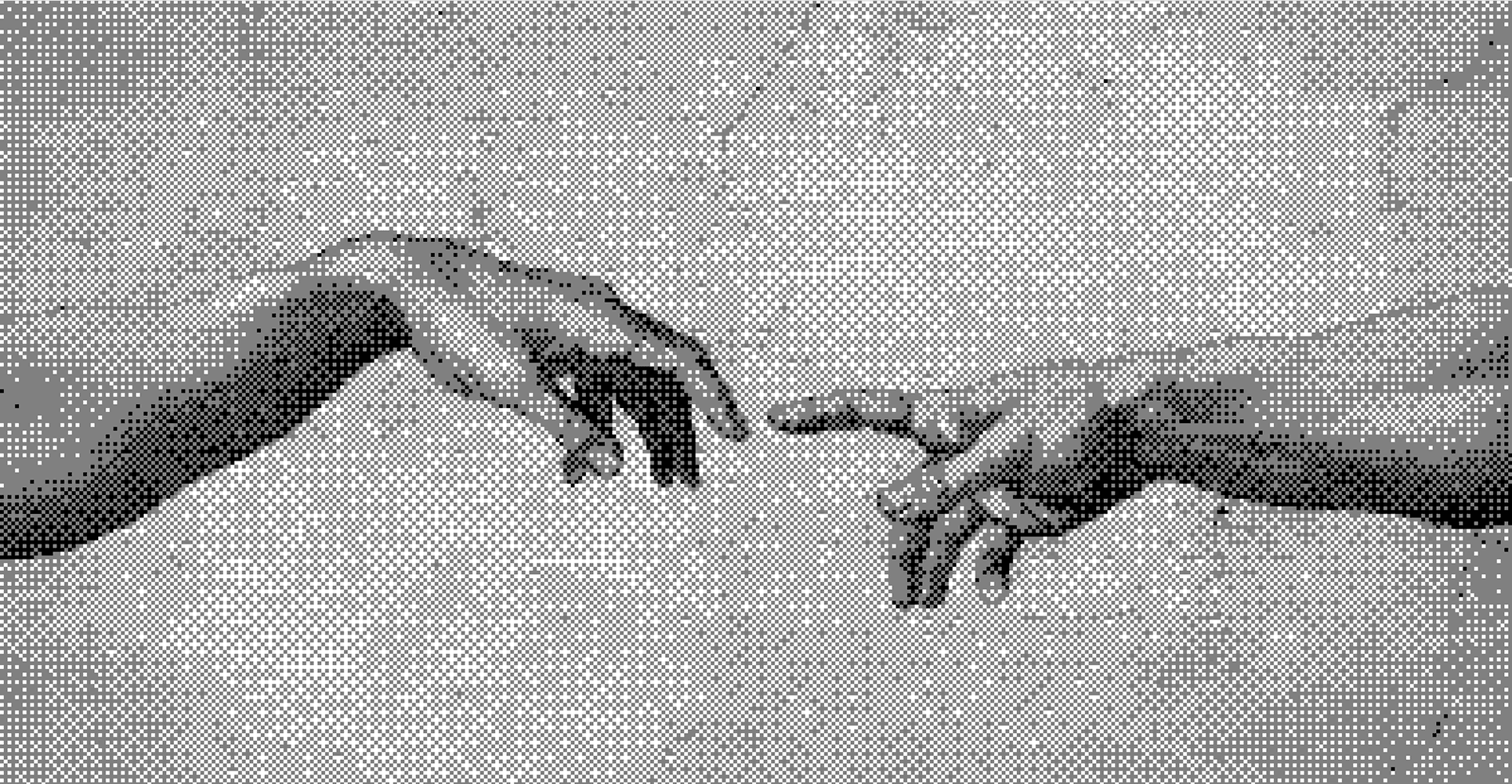 The Creation of Adam, but with a computer and a human hand reaching towards each other.